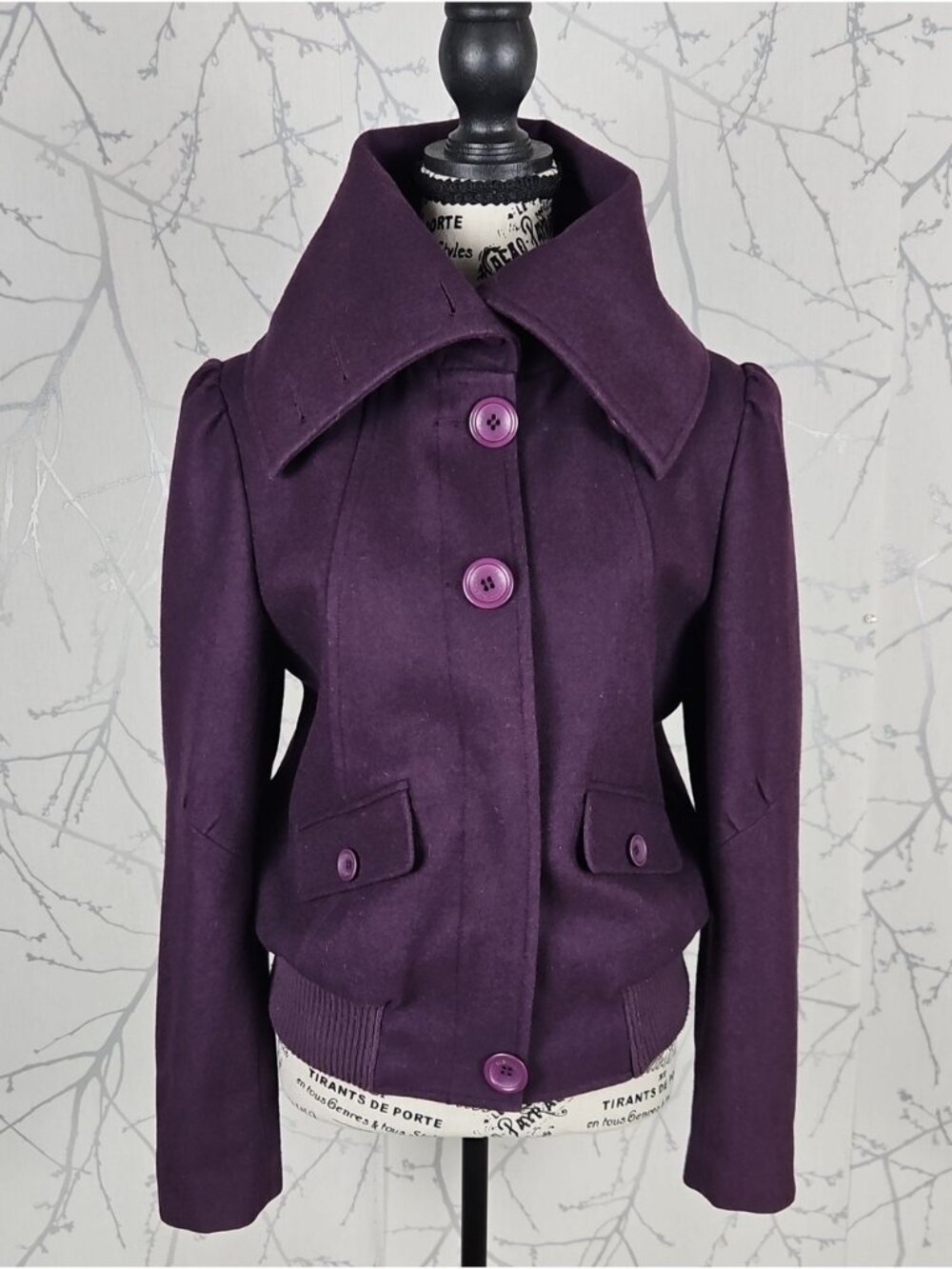 Blendshe Purple Wool Dramatic Collar Button Up Bomber Jacket